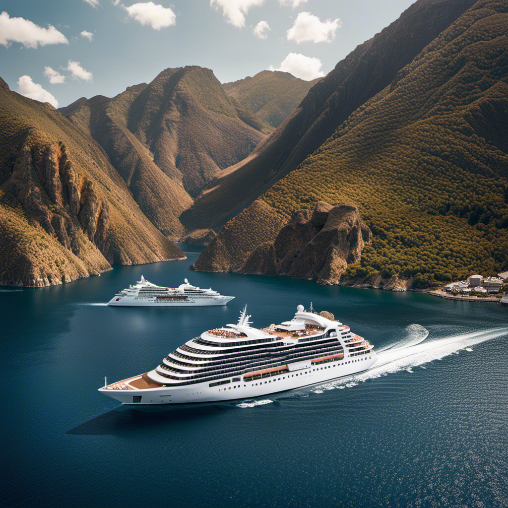 An image showcasing the contrasting identities of Ponant and Celebrity Cruises: Ponant's luxurious and intimate yacht-like experience depicted through a sleek, modern ship, while Celebrity Cruises' grandeur is portrayed through a magnificent, towering vessel