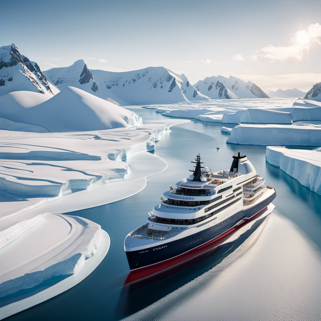 An image showcasing Ponant's revolutionary electric hybrid icebreaker gliding effortlessly through a pristine, icy landscape