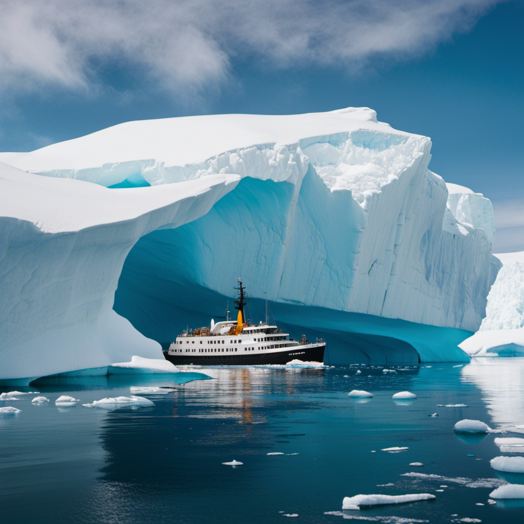 the breathtaking beauty of the Antarctic landscape: a small ship, surrounded by towering icebergs, gliding through icy turquoise waters, as curious Emperor Penguins gracefully emerge from the depths, forming a mesmerizing encounter