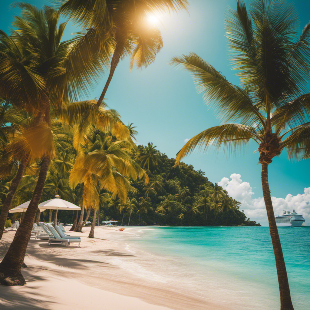 An image of a vibrant, sun-kissed Caribbean beach lined with palm trees, showcasing a luxurious cruise ship in the backdrop