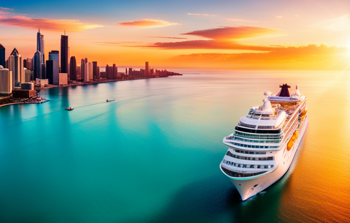 An image showcasing a state-of-the-art cruise ship, with panoramic views of its spacious deck, vibrant pool area, luxurious cabins, and an array of thrilling water slides and entertainment options, all set against a stunning ocean backdrop