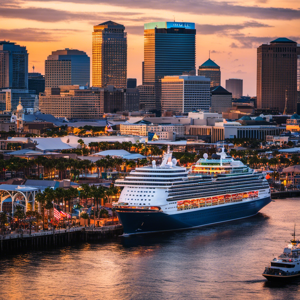 An image showcasing Port NOLA's bustling waterfront, adorned with towering cruise ships adorned with vibrant flags and bustling activity