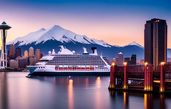 An image showcasing a serene cruise ship docked in Seattle's Port Valet, surrounded by towering snow-capped mountains, glistening azure waters, and a vibrant city skyline in the background