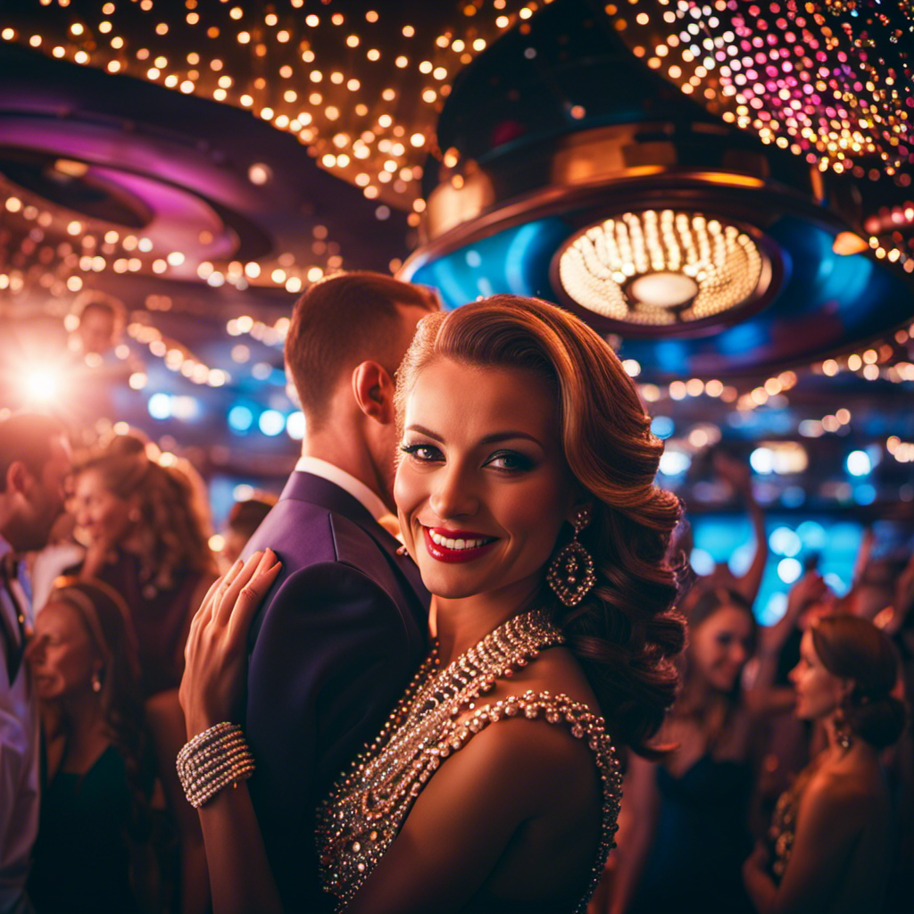 An image capturing the vibrant ambiance of a Porthole Cruise Party, with a colorful array of party-goers in elegant attire, dancing under shimmering disco lights, surrounded by nautical decorations and a backdrop of majestic cruise ships