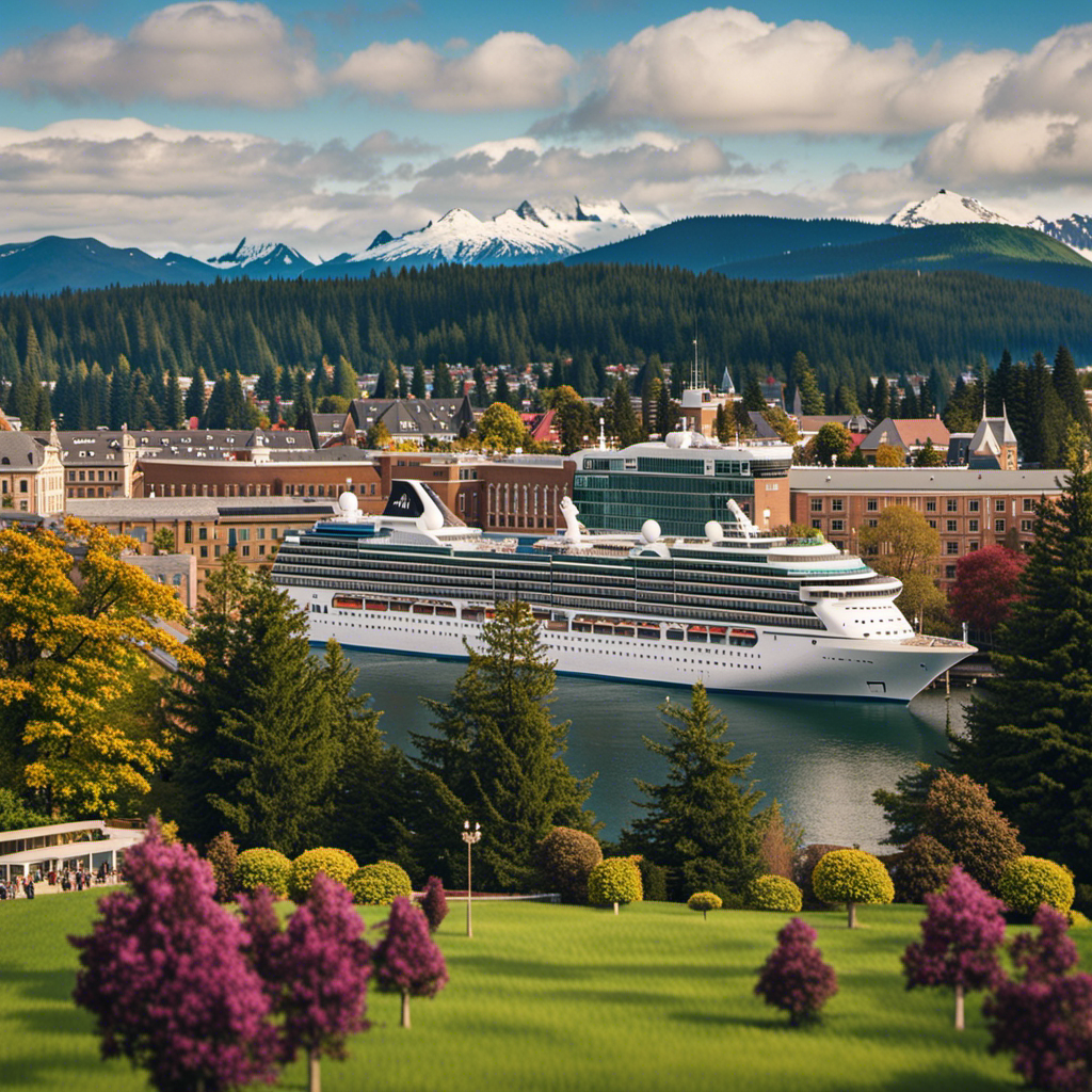 An image showcasing the synergy between Holland America Line and Oregon universities by depicting a vibrant university campus with students engaging in educational activities, while a majestic cruise ship sails in the background