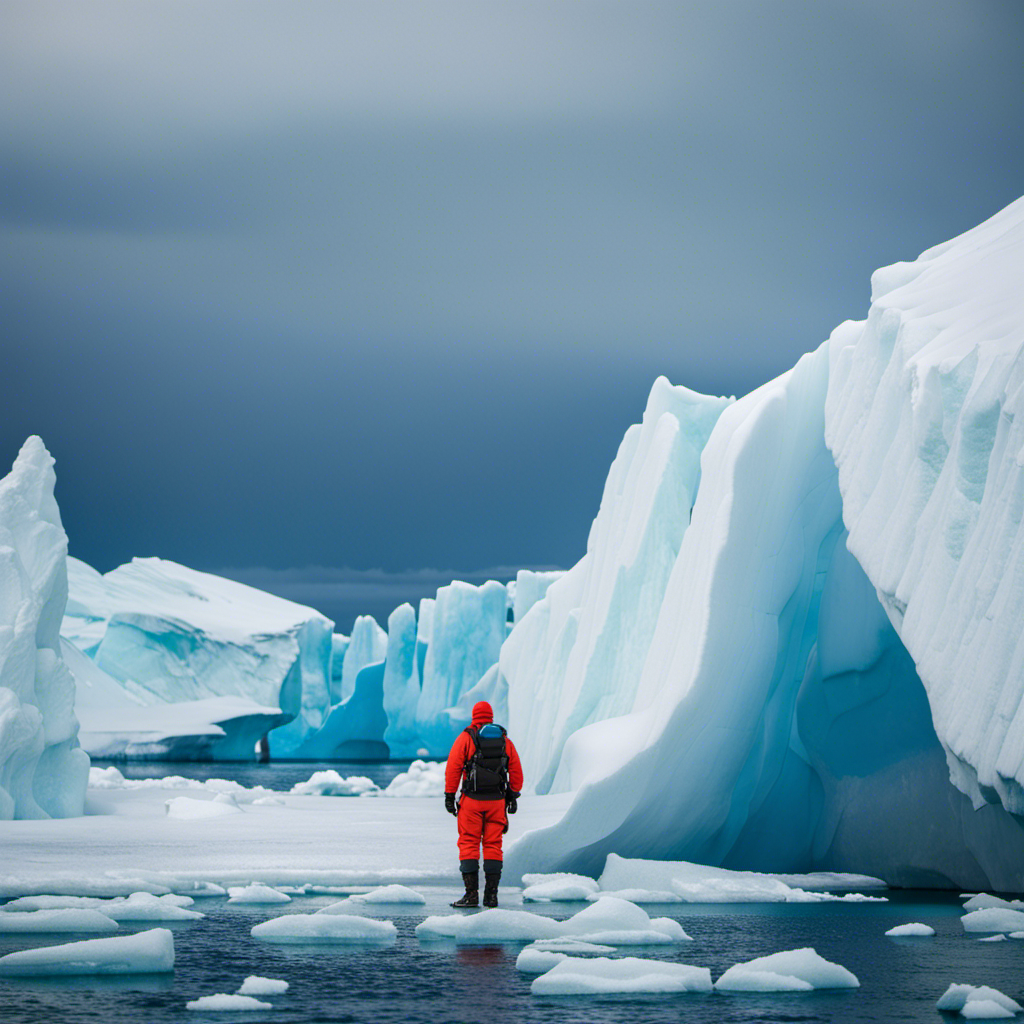 An image showcasing a vibrant color palette of frosty blues and whites, depicting a fearless explorer in winter gear, surrounded by icebergs, penguins, and a majestic glacier, all against a backdrop of an endless icy ocean