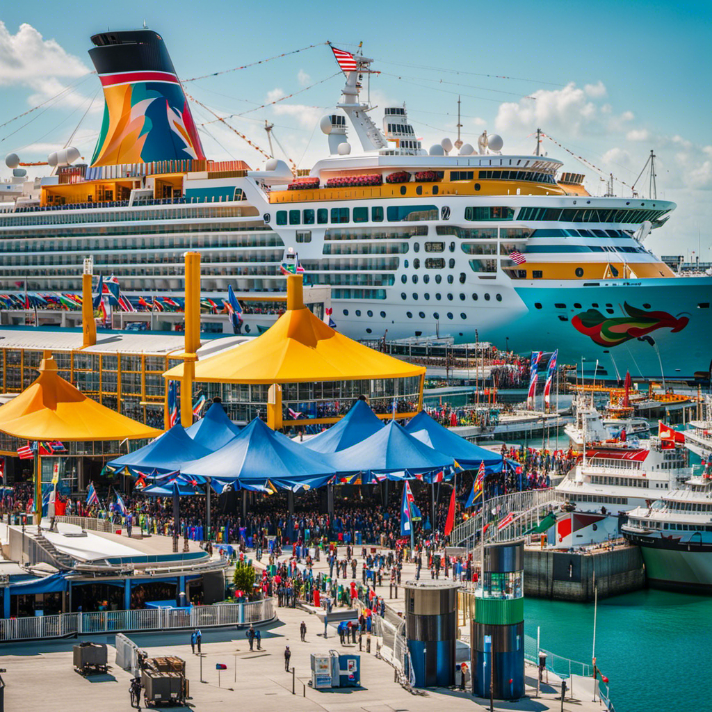 An image capturing the bustling PortMiami, showcasing a vibrant cruise ship terminal adorned with colorful flags, bustling with excited guests