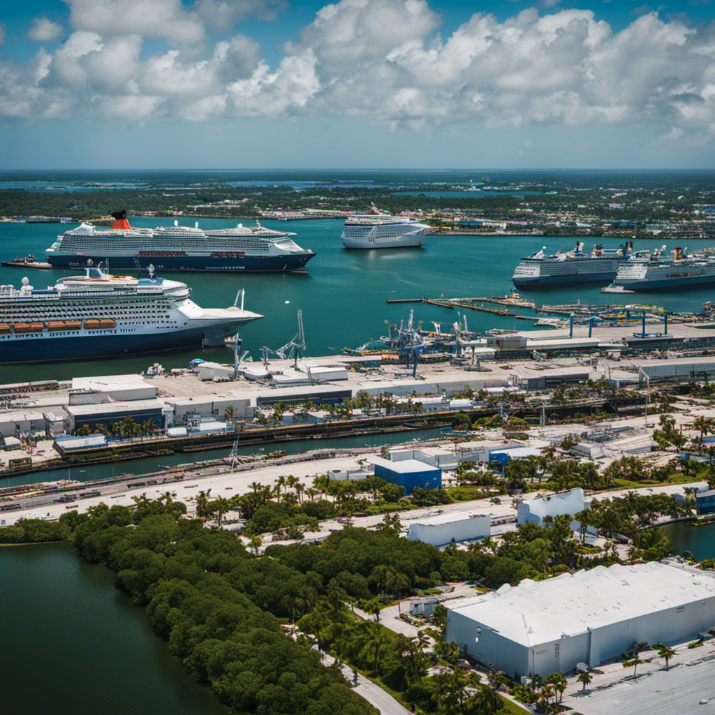 An image showcasing a bustling Port Everglades, with cruise ships docked at state-of-the-art terminals, as workers in high-visibility vests ensure safety measures such as temperature checks and disinfection protocols are in place