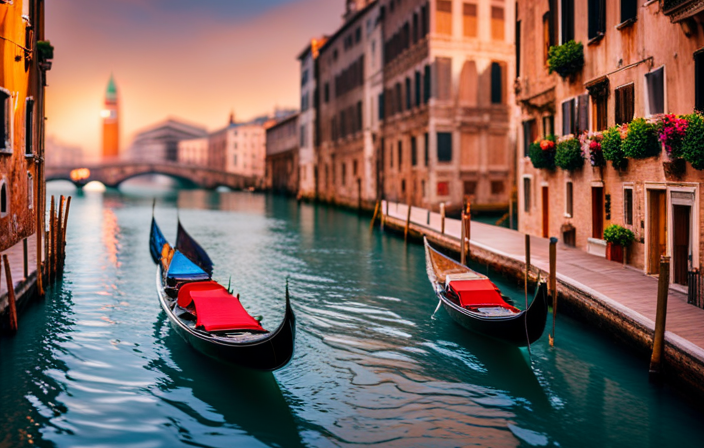 An image showcasing Venice's iconic gondolas gliding peacefully through narrow canals, with towering cruise ships safely rerouted away from the historic city center, highlighting sustainable tourism and preserving the city's heritage