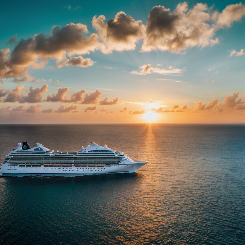An image capturing the stunning sunset backdrop as the luxurious Celebrity Ascent cruises along the crystal-clear turquoise waters of the Western Caribbean, with palm-fringed white sandy beaches lining the horizon
