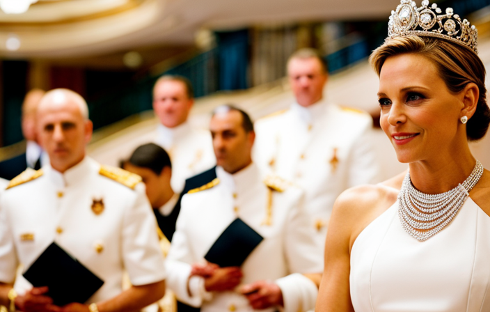 An image capturing the opulence of Princess Charlene christening the magnificent Seven Seas Explorer, showcasing the ship's gleaming chandeliers, lavish grand staircase, and elegant ballroom adorned with crystal accents and gold trimmings