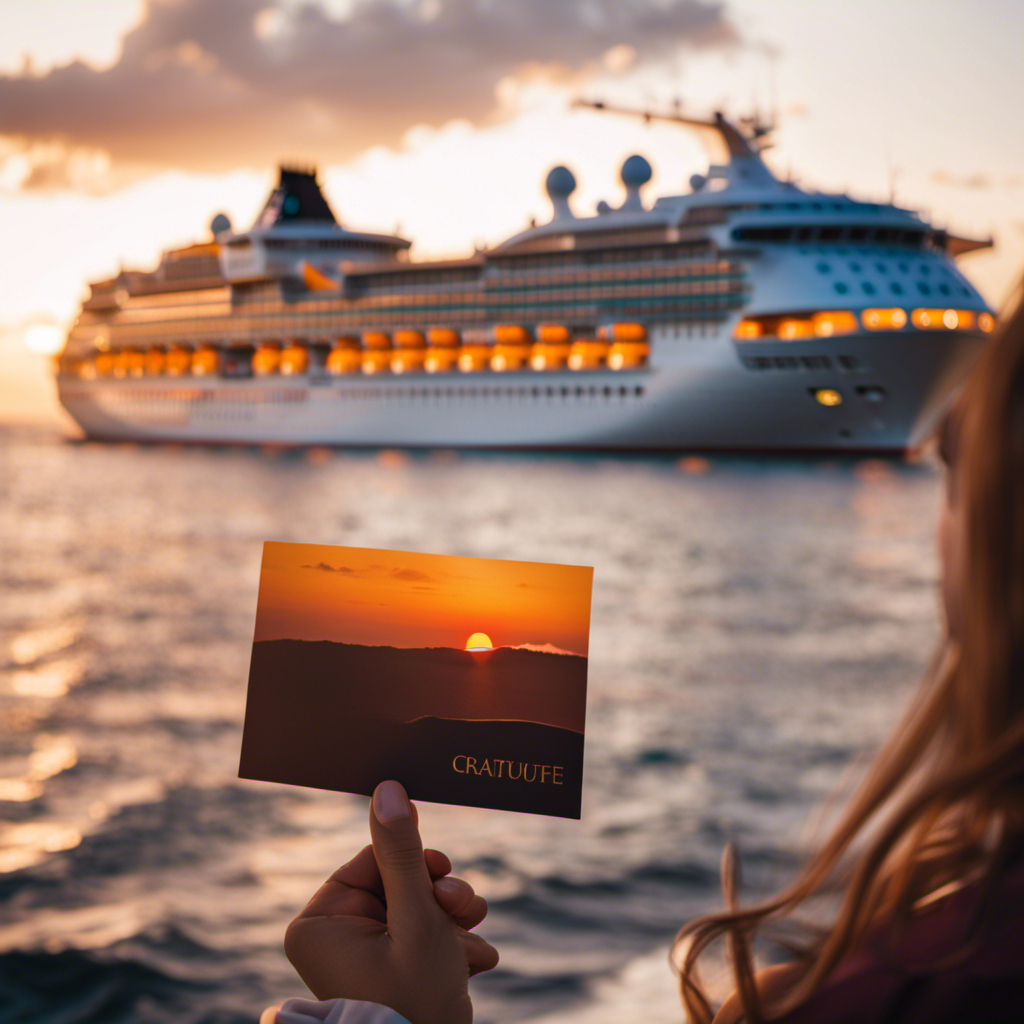 An image showing a beautiful sunset at sea, with a luxurious cruise ship in the foreground