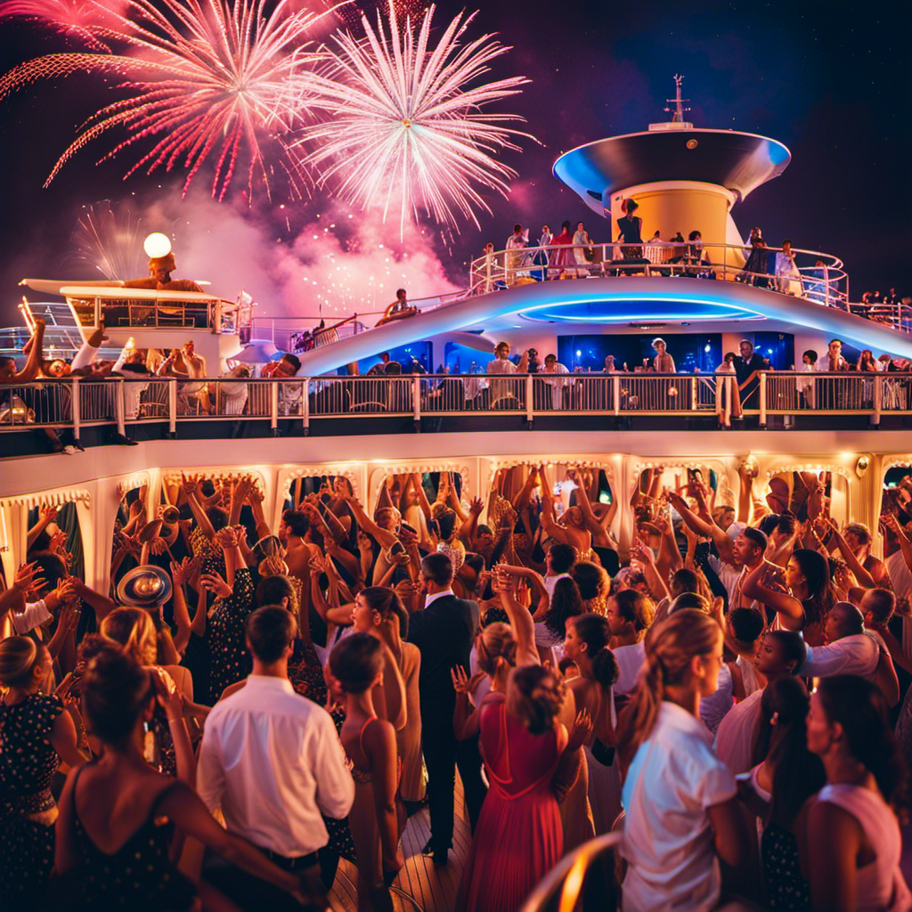 An image showcasing a vibrant deck party on a Princess Cruises ship, adorned with colorful decorations, a live band playing timeless tunes, jubilant guests dancing, and a stunning fireworks display illuminating the night sky
