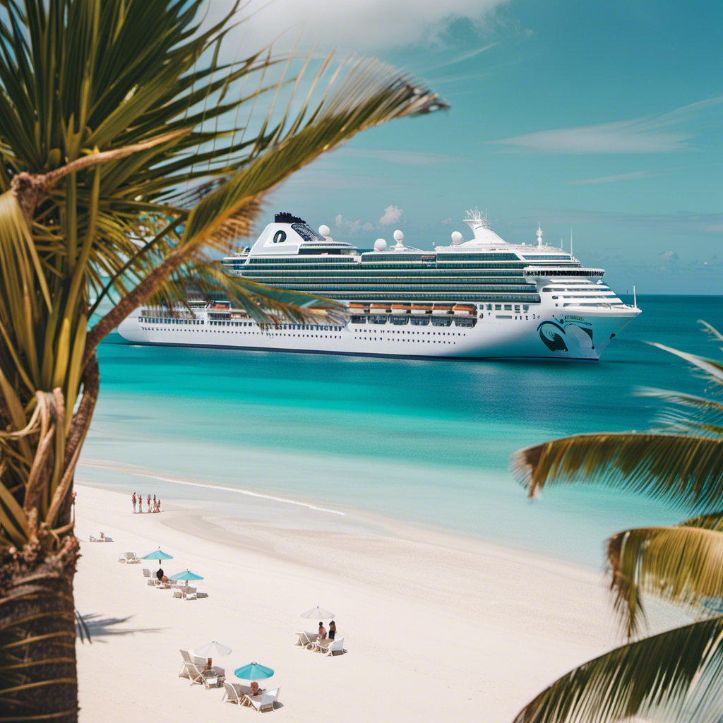 An image featuring a luxurious cruise ship sailing through crystal-clear turquoise waters, surrounded by palm-fringed, white sandy beaches