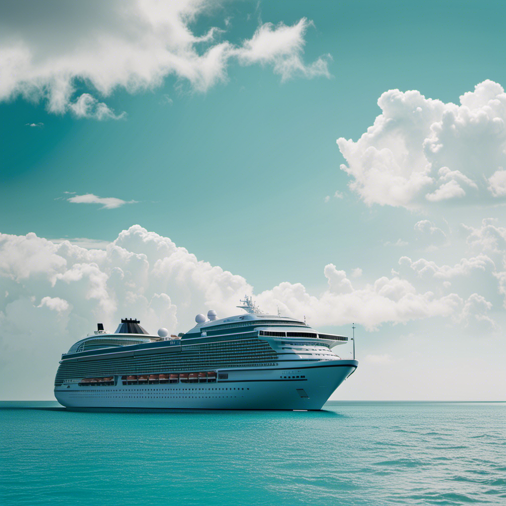 An image showcasing a luxurious cruise ship sailing across turquoise waters under a cloudless sky, with passengers comfortably lounging on deck chairs, enjoying seamless internet connectivity amidst breathtaking landscapes worldwide