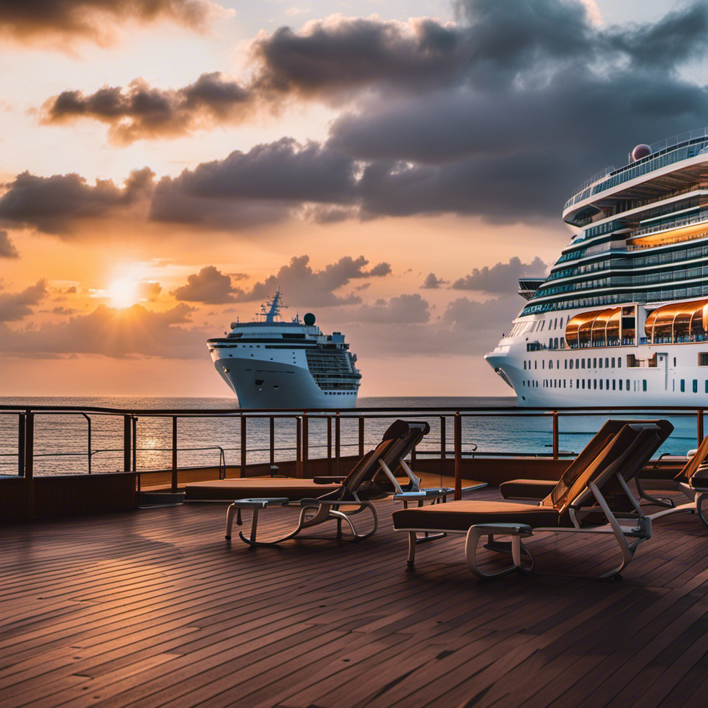 An image depicting a deserted luxury cruise ship docked at sunset, its grandeur eclipsed by silence
