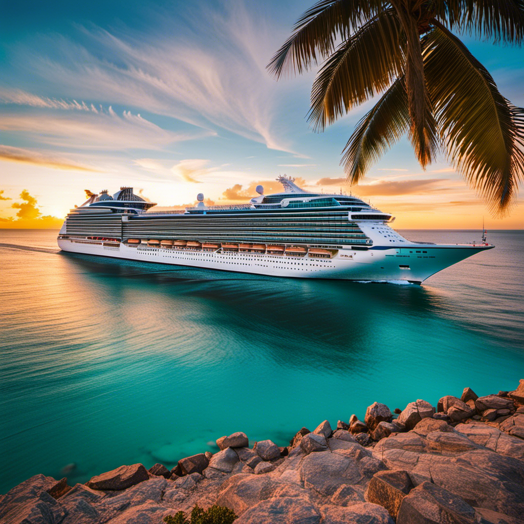 An image capturing the magnificent Caribbean Princess sailing away from Port Canaveral: the elegant ship gliding on turquoise waters, framed by palm trees and bathed in the golden hues of a breathtaking sunset