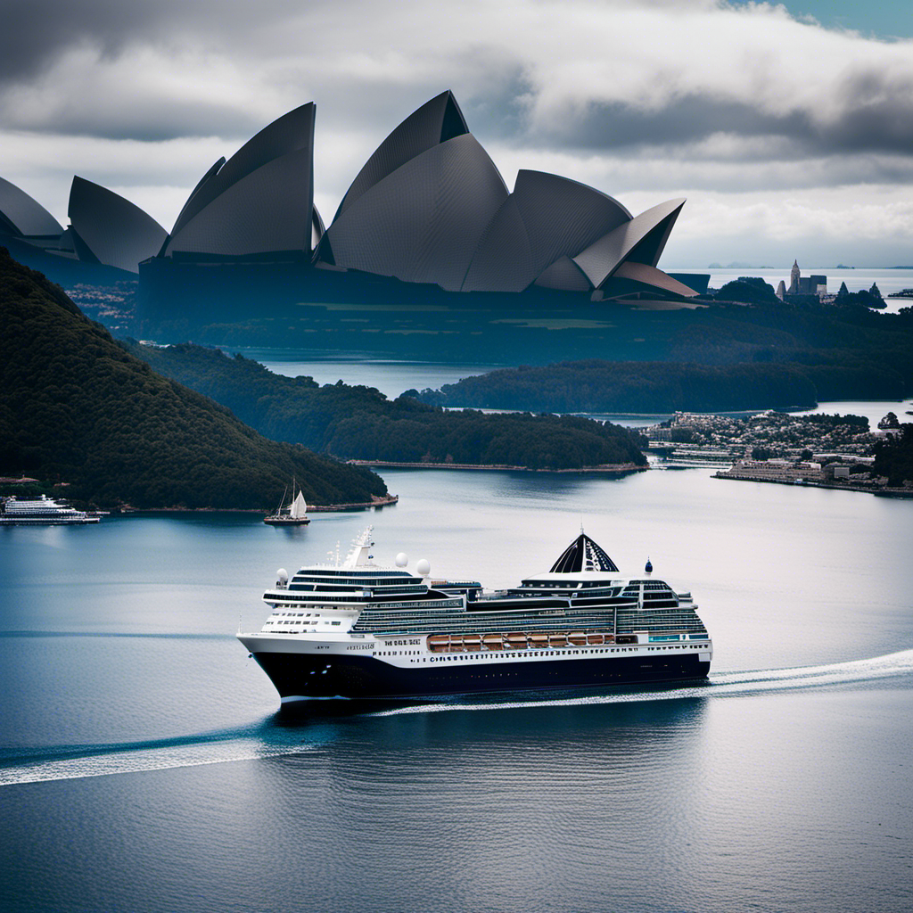 An image that showcases the silhouette of a majestic Princess Cruises ship anchored against a backdrop of the iconic Sydney Opera House and New Zealand's breathtaking Milford Sound, symbolizing the extended shutdown of cruises in Australia and New Zealand