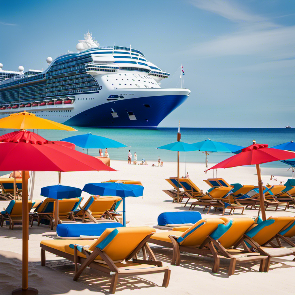 An image depicting a serene ocean view with a majestic Princess Cruises ship anchored in the distance, surrounded by colorful umbrellas and loungers on a pristine beach, symbolizing the cruise line's commitment to guest satisfaction amidst their extended suspension