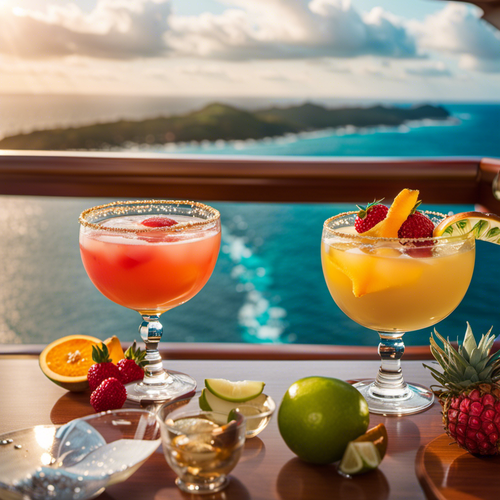 An image showcasing a luxurious ocean view from the deck of a Princess Cruises ship, adorned with elegant cocktail glasses, colorful tropical fruits, and a sparkling bar, capturing the essence of their enhanced Premier Drink Package