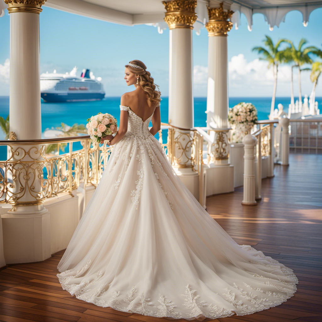 An image that showcases the elegance and romance of Princess Cruises' bridal fashion, with Randy Fenoli's exquisite designs taking center stage amidst a backdrop of opulent ocean views, sparkling diamonds, and delicate lace embellishments