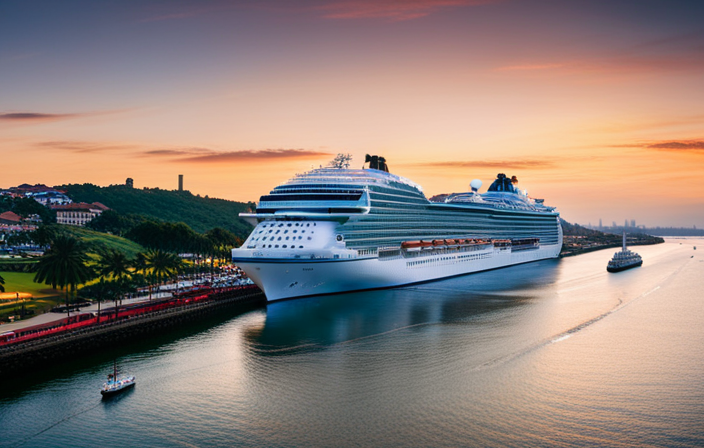 An image showcasing a majestic Princess Cruises ship gliding through the iconic Panama Canal, surrounded by bustling record-breaking ports
