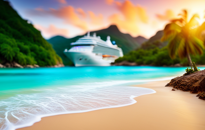An image showcasing the dazzling turquoise waters of a secluded Caribbean beach, lined with palm trees, and a luxury Princess Cruises ship anchored nearby, beckoning adventurers to embark on a journey to exotic destinations