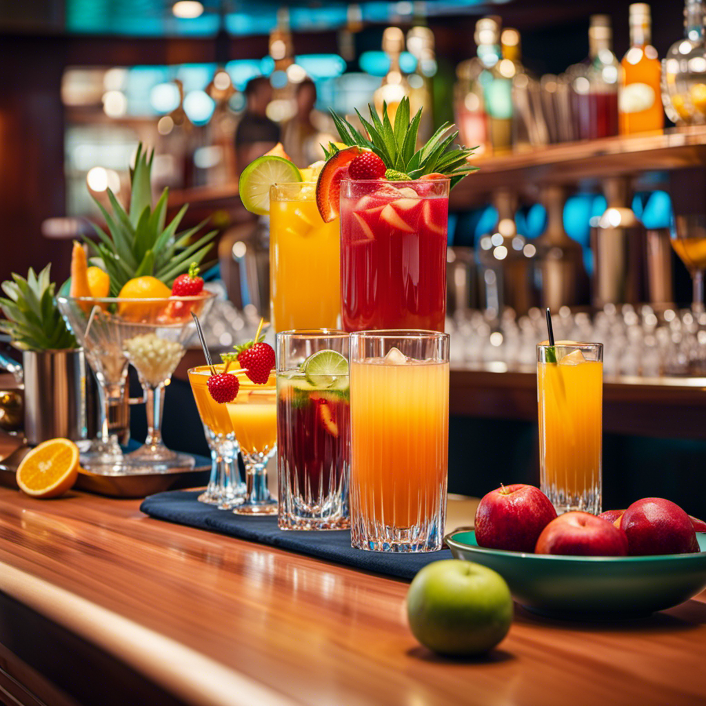 An image showcasing an elegant cruise ship bar, adorned with vibrant tropical fruits arranged neatly on a polished counter