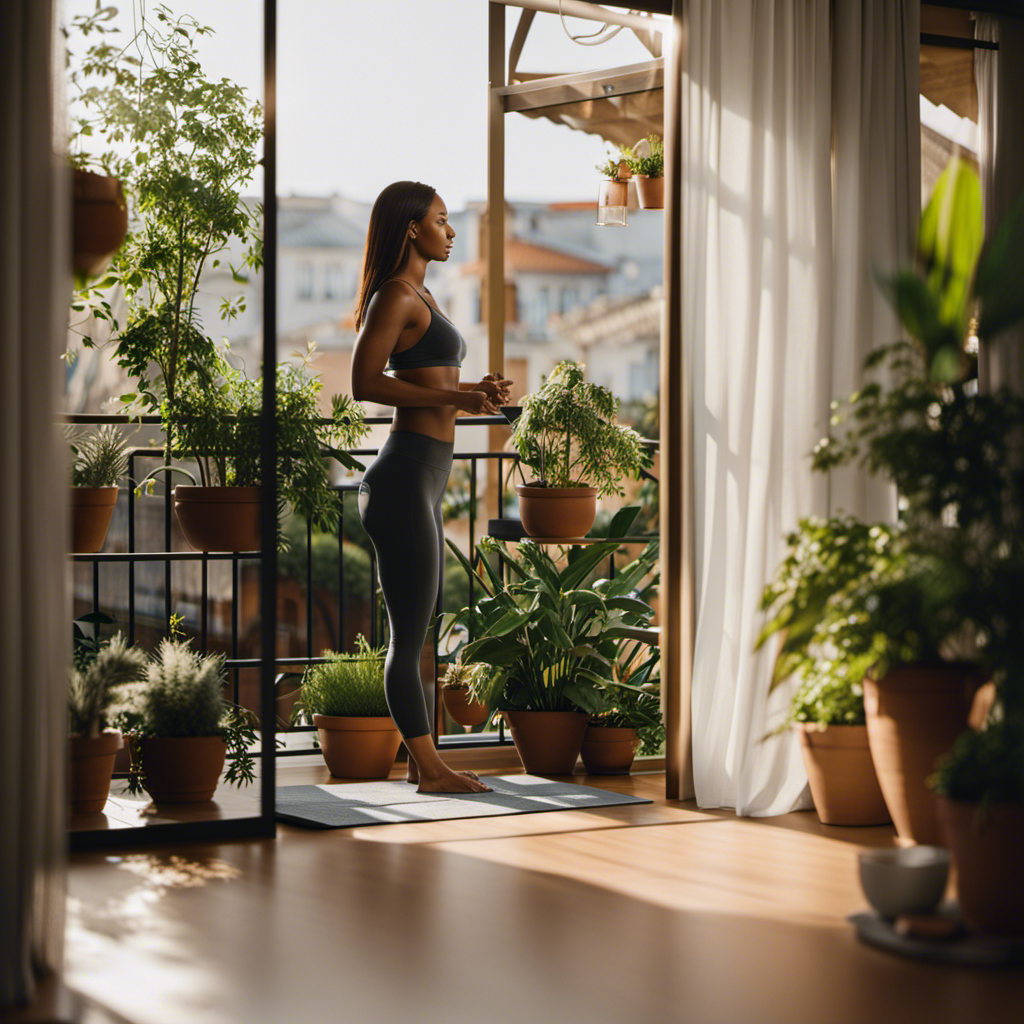 An image showcasing a serene balcony scene, featuring a person engaged in various activities like yoga, reading, and gardening, while surrounded by privacy-enhancing elements such as curtains, plants, and a secure railing