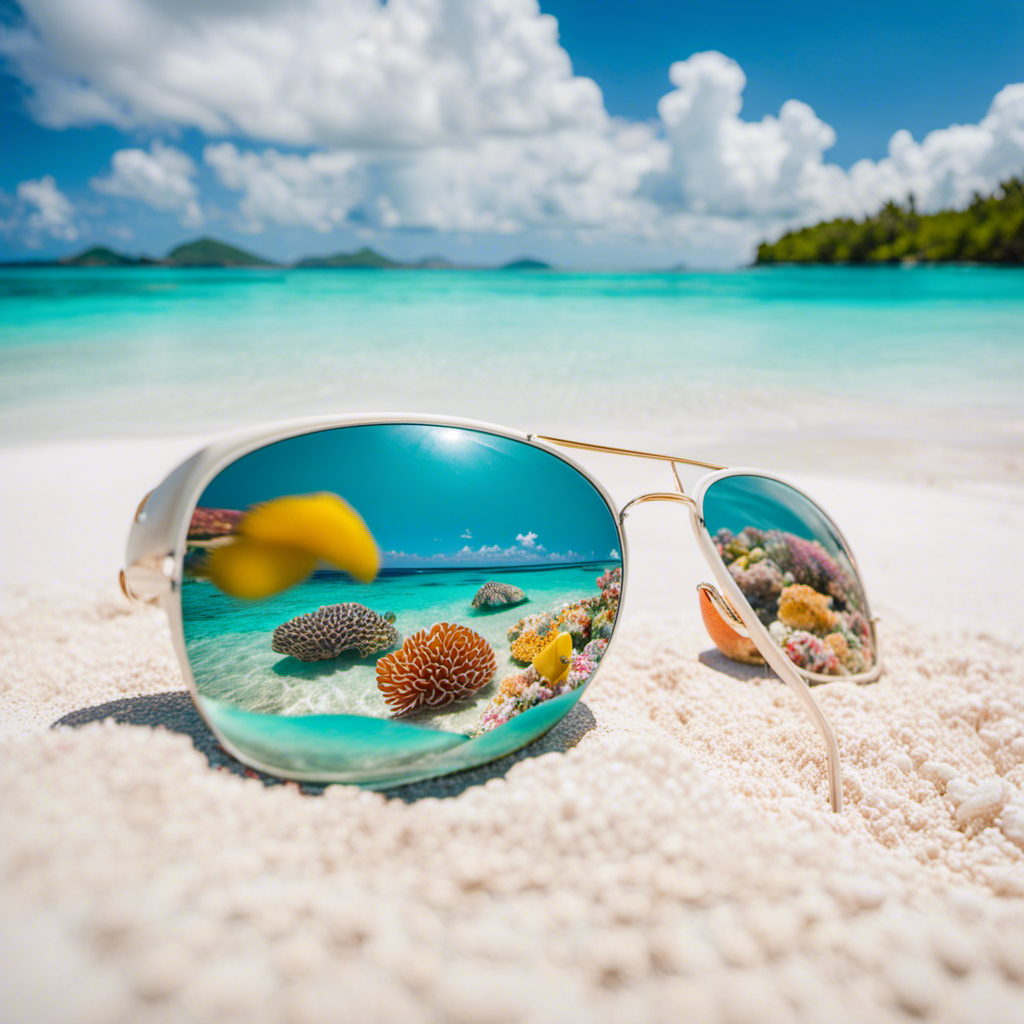 An image showcasing a pristine white sand beach surrounded by crystal-clear turquoise waters