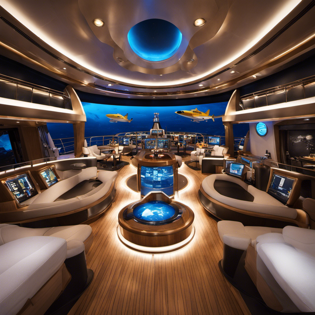 An image featuring the Quantum of the Seas cruise ship's top deck, adorned with a skydiving simulator, a robotic bar, a North Star observation capsule, and a surf simulator, showcasing the ship's cutting-edge amenities and unforgettable experiences