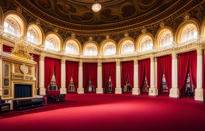 An image capturing the opulence of Buckingham Palace's ornate ballroom, adorned with sparkling chandeliers, gold gilded walls, and regal crimson drapes, perfectly embodying Queen Elizabeth's grandeur, tradition, and unrivaled luxury