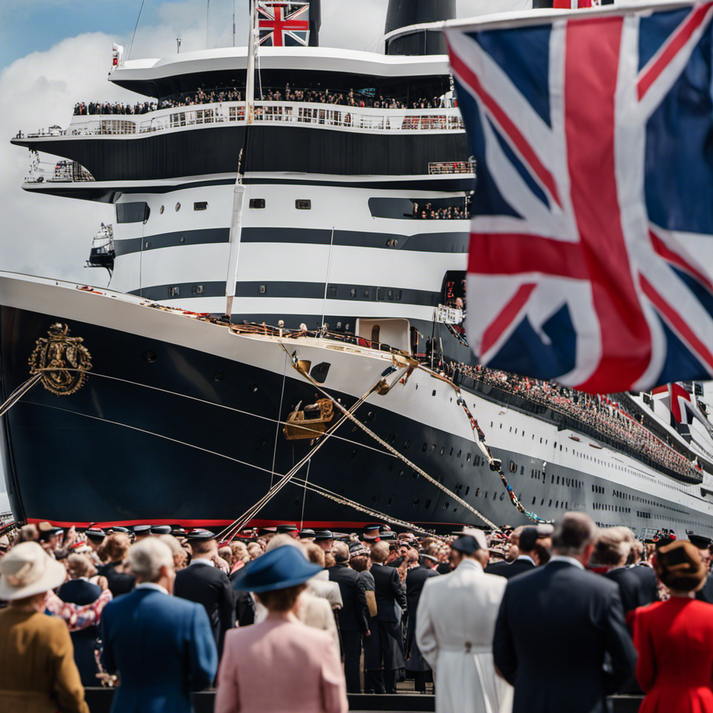 An image capturing the historic moment of Queen Elizabeth naming the majestic ship Britannia, adorned in a regal gown
