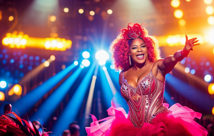 An image capturing the electric atmosphere on Carnival Horizon's stage as Queen Latifah and Spike TV's Lip Sync Battle collide, showcasing vibrant costumes, pulsating lights, and an ecstatic crowd in awe of the elevated entertainment