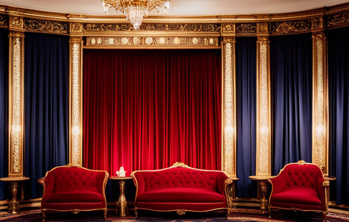 An image showcasing Queen Victoria's refurbished opulence: vibrant crimson velvet drapes cascading from gilded rods, sparkling chandeliers illuminating intricately carved wooden panels, and plush, regal armchairs entwined with golden filigree, exuding an air of majestic elegance