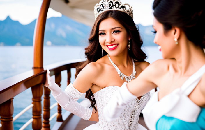 An image capturing the essence of a Quinceañera cruise: a vibrant celebration on a luxurious ship adorned with colorful decorations, where traditional elements like elegant gowns, tiaras, and symbolic dances harmoniously merge with thrilling outdoor activities and breathtaking ocean views