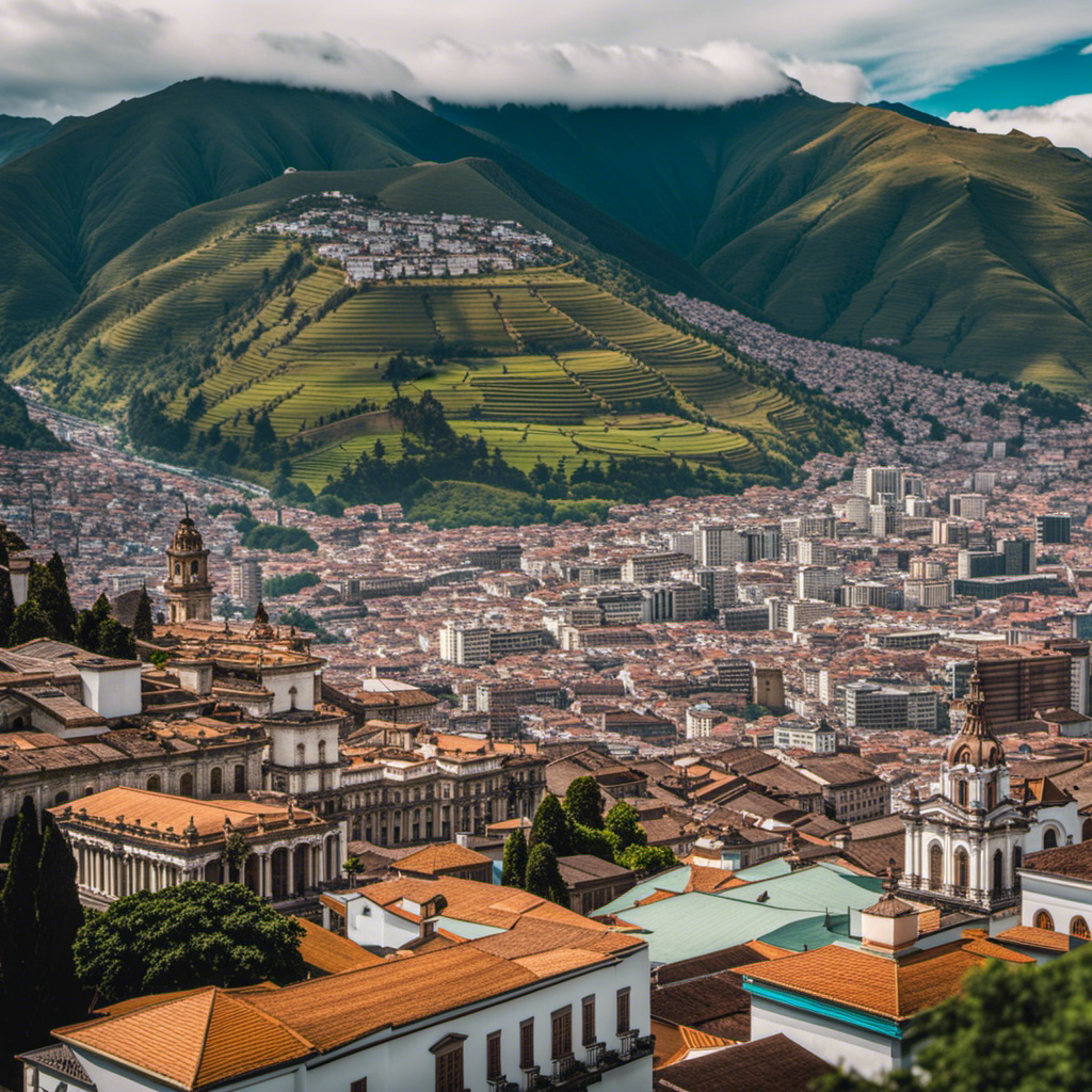 An image capturing the essence of Quito's rich history, showcasing its majestic colonial buildings adorned with intricately carved wooden balconies, surrounded by lush green mountains, and embraced by a vibrant cityscape