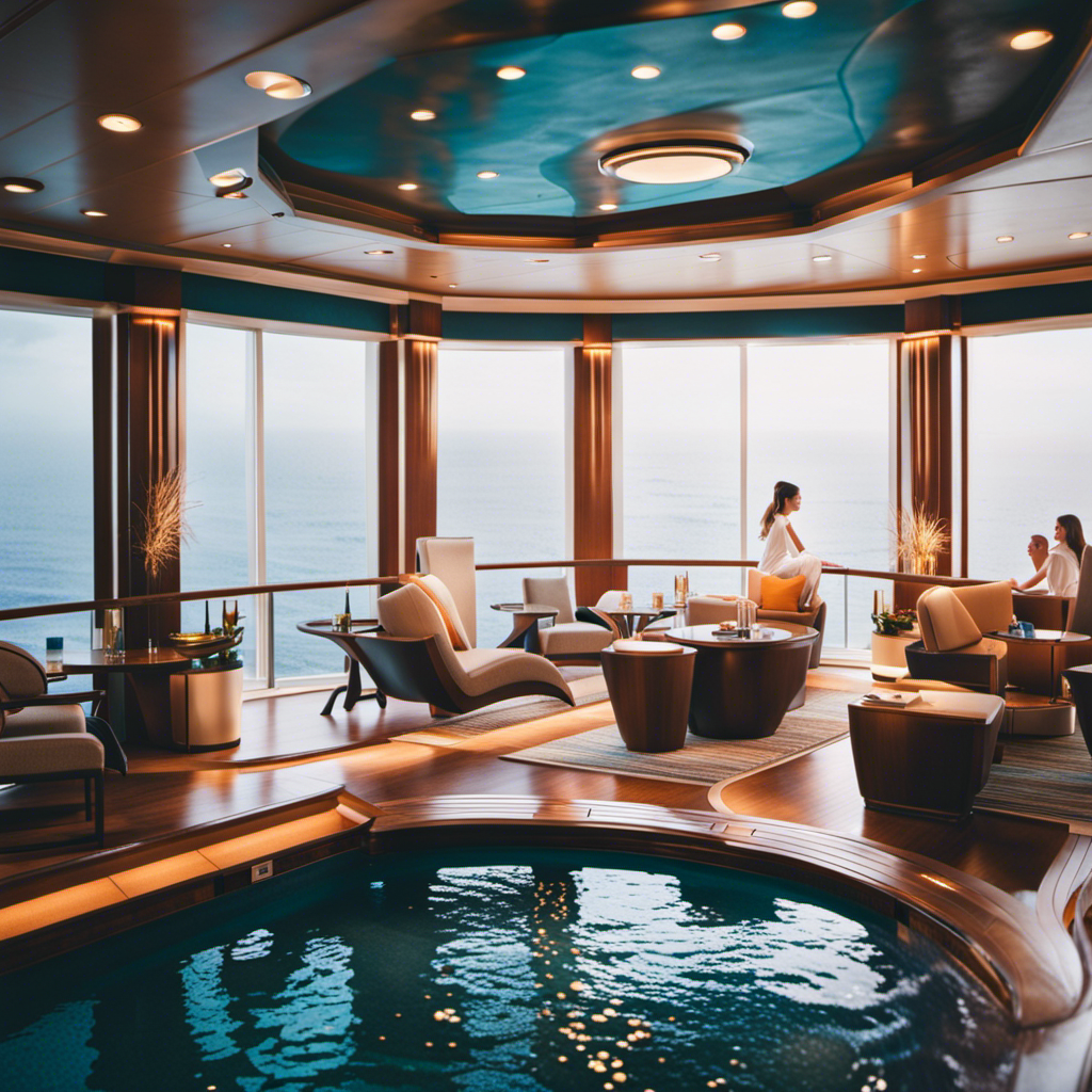 An image capturing the serenity of a rainy day at sea: a cozy onboard spa with soft lighting, guests indulging in treatments, while others enjoy the ship's entertainment, fitness center, casino, and immersive exploration