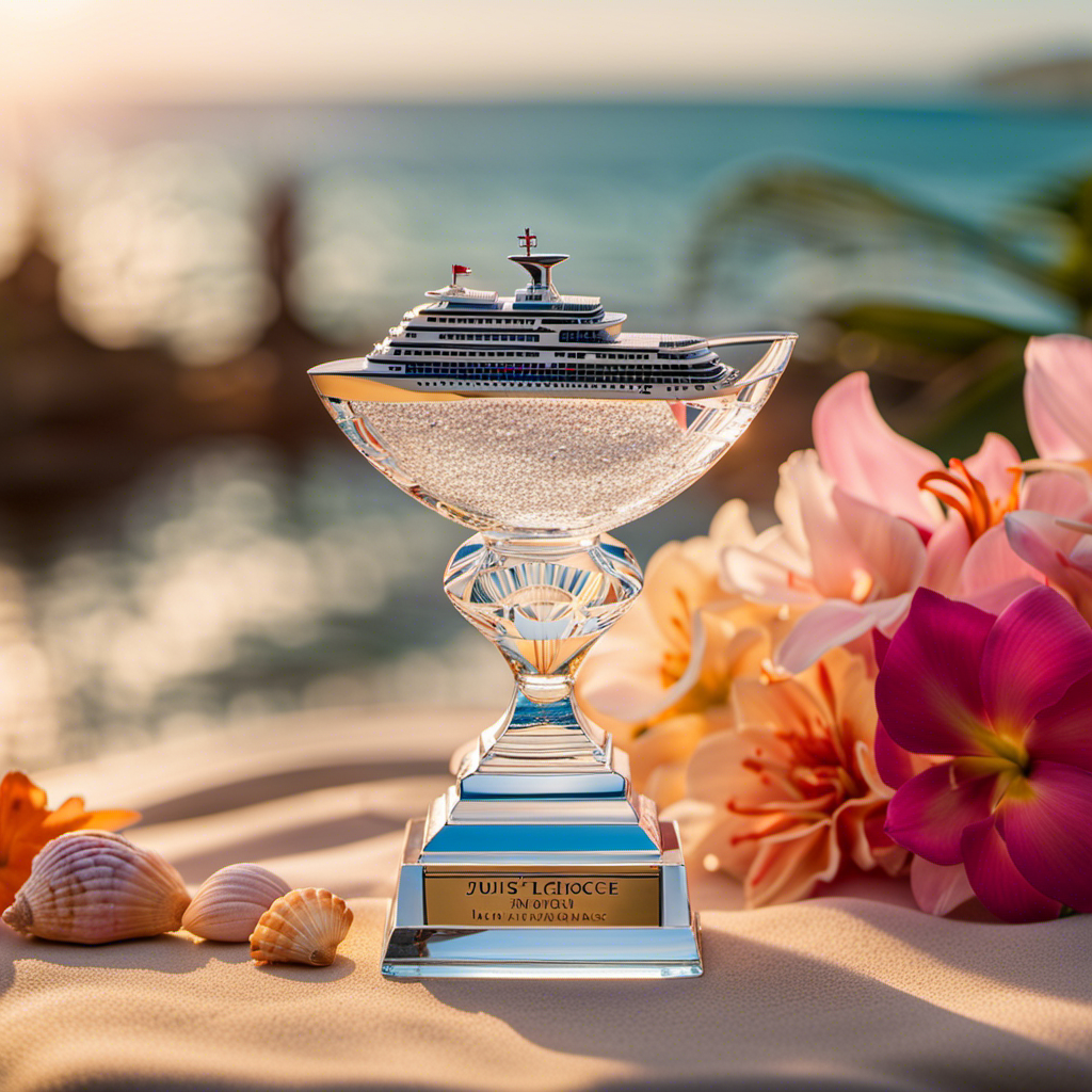 An image showcasing a sparkling, crystal trophy adorned with a miniature cruise ship, surrounded by delicate seashells and vibrant tropical flowers, symbolizing the elegance and attention to detail celebrated at the prestigious Judi's Choice Awards