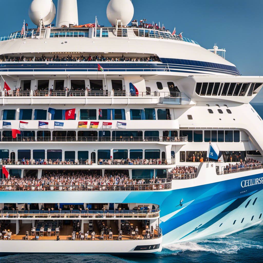An image capturing the exhilarating success of Celebrity Cruises, with a bustling cruise ship adorned with vibrant flags and banners, sailing amidst a sea of ecstatic passengers, celebrating record-breaking sales and propelling the company to new heights
