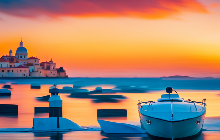 the essence of a sun-kissed Mediterranean voyage: A vibrant sunset paints the sky in hues of orange and pink, casting a warm glow over a secluded island adorned with whitewashed houses and turquoise waters