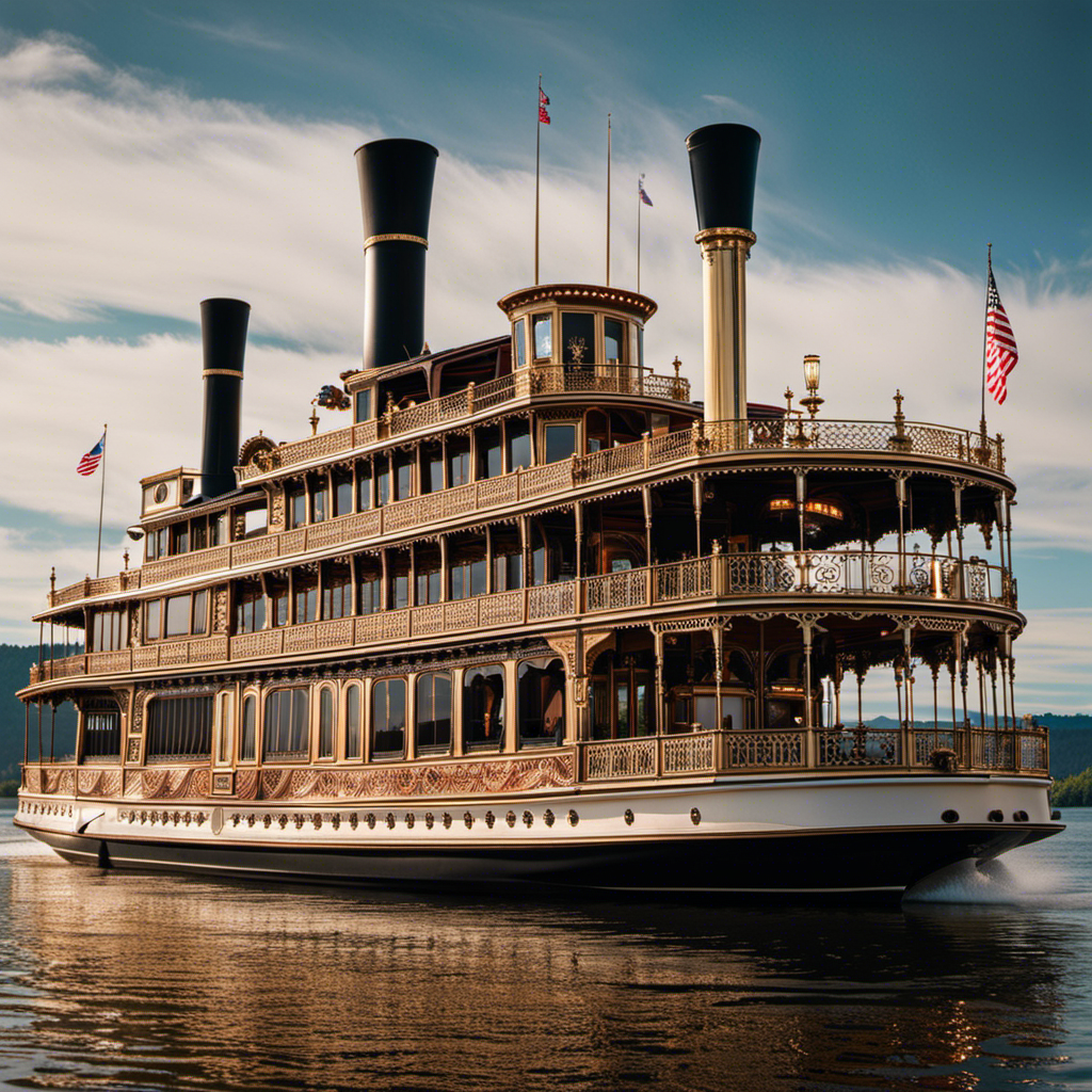 the essence of nostalgic luxury by depicting the American Empress, a magnificent steamboat gliding on the mighty Columbia River