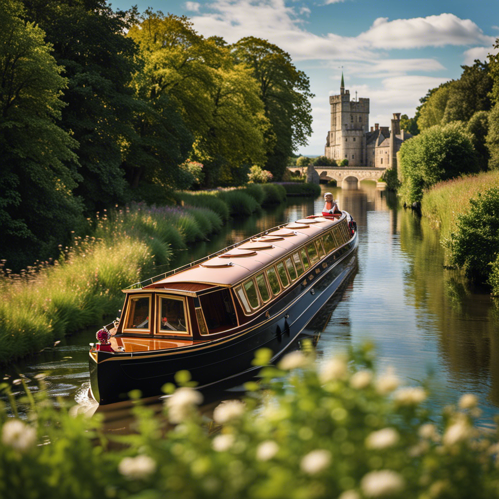 An image showcasing a luxurious barge gliding gracefully along a serene English waterway, framed by the picturesque countryside dotted with historic castles and palaces