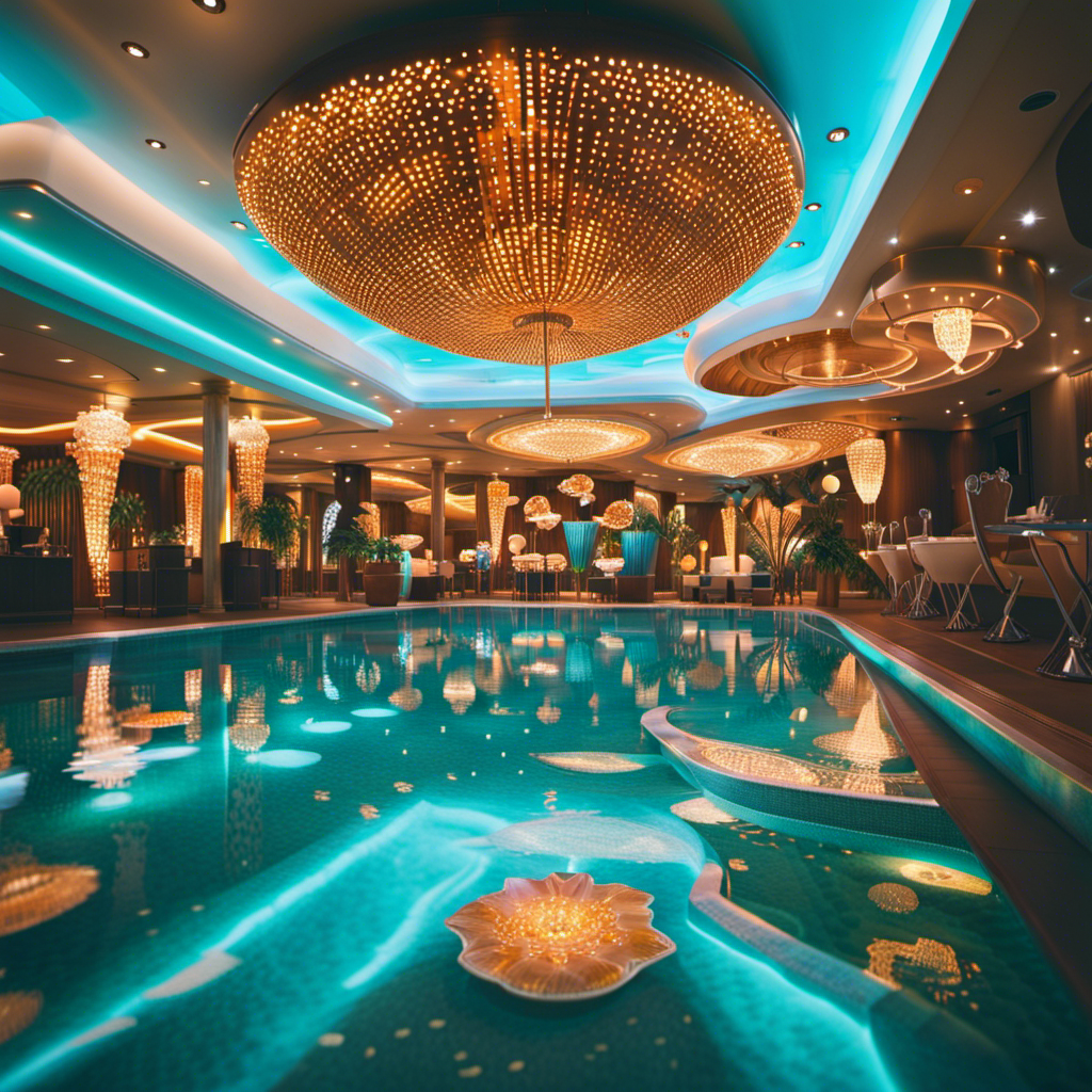 An image capturing the vibrant essence of the Regal Princess: crystal-clear turquoise waters of the pool, guests basking under colorful umbrellas, a delectable spread of chocolate treats, and a lively dancefloor illuminated by dazzling lights