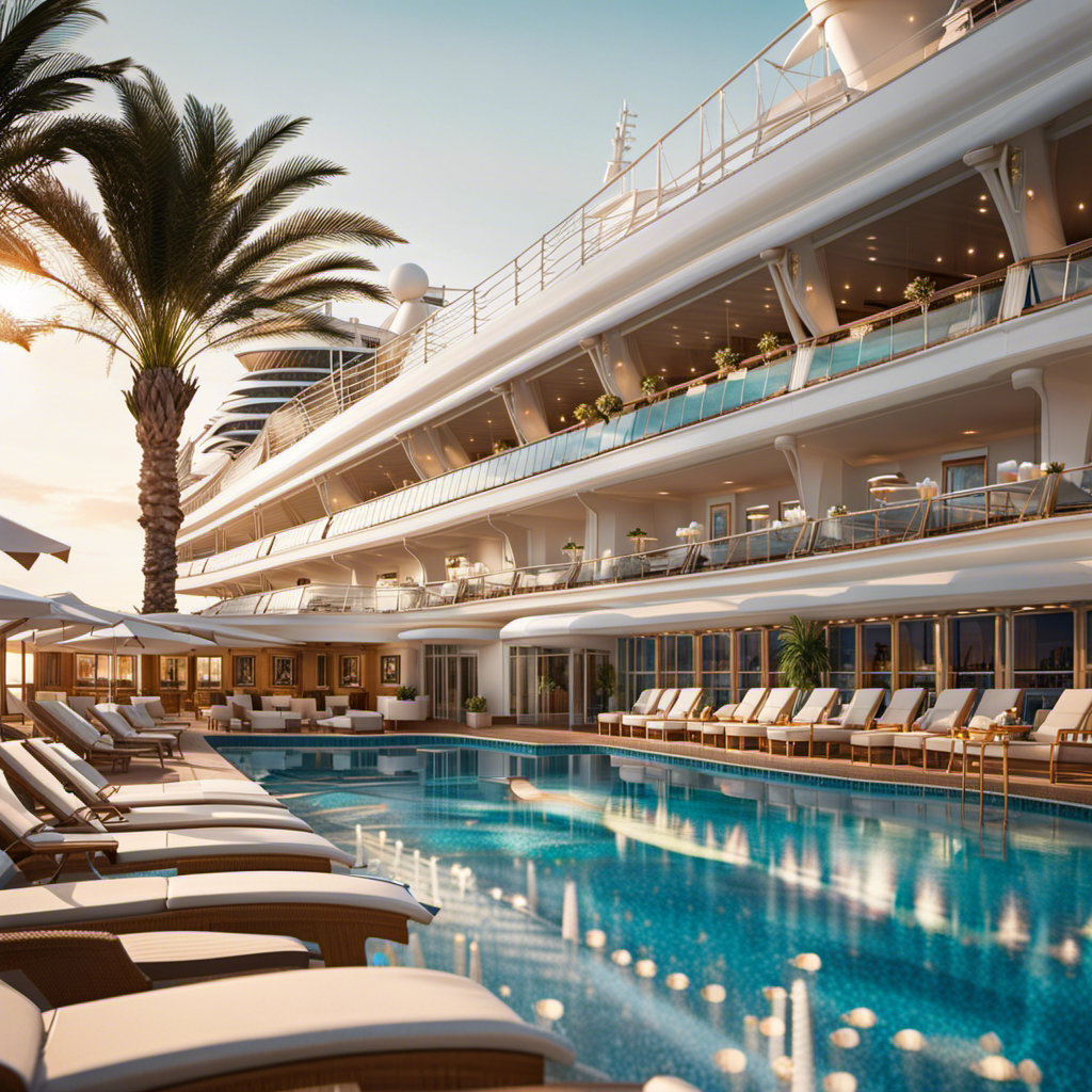 An image capturing the serene ambiance of the Regal Princess, showcasing a panoramic view of the ship's luxurious pool deck, adorned with plush sun loungers, sparkling pools, and palm trees swaying gently in the breeze