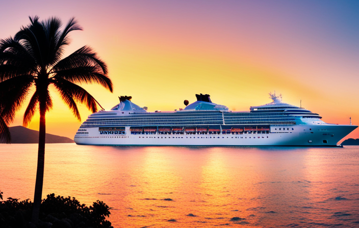 An image of a luxurious cruise ship sailing across a vibrant sunset-hued sky, surrounded by crystal-clear turquoise waters