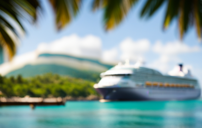 An image capturing a serene cruise ship docked near a lush tropical island, with passengers engaging in invigorating activities like kayaking, hiking, and yoga on the shore, radiating pure joy and tranquility