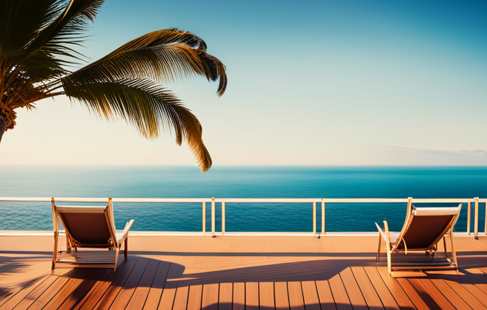An image capturing a serene ocean view from a luxurious cruise ship, with sun-kissed deck chairs, palm trees swaying in the background, and passengers enjoying a peaceful stroll along the promenade
