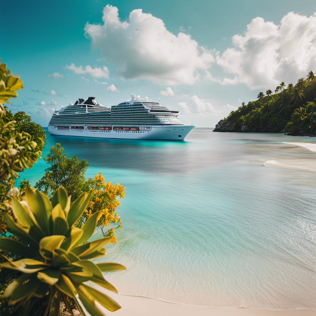 An image capturing the essence of Caribbean bliss: a luxurious MSC cruise ship anchored near pristine white-sand beaches, surrounded by crystal-clear turquoise waters, vibrant coral reefs, and lush tropical vegetation