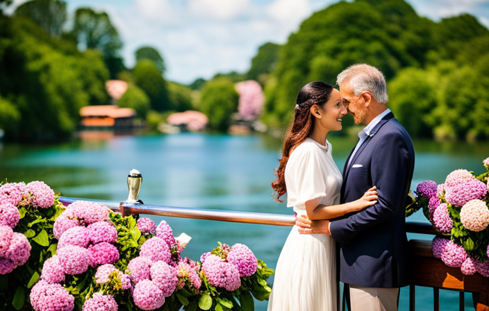 the essence of romance on the high seas with an exquisite image of a couple, hands clasped, standing on the sun-drenched deck of an AmaWaterways ship, surrounded by blooming flowers and the glistening waters of a serene river